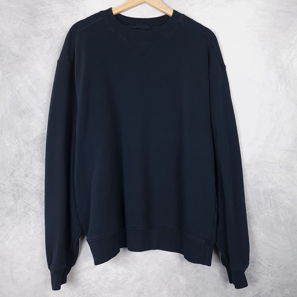 LL Bean Sweatshirt Mens Large Navy Blue Fleece Single V Crewneck Pullover Peru